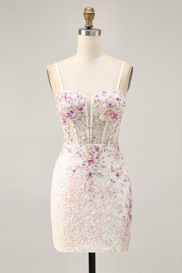 Robe courte à sequins floraux scintillants blancs pour les retrouvailles